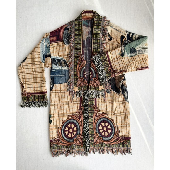 vtg antique car pattern woven tapestry blanket jacket coat - Picture 2 of 6